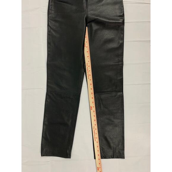 Black Italian Leather Straight Leg Side Zip Mid Rise Flat Front Leather Pants 4 - Picture 8 of 11